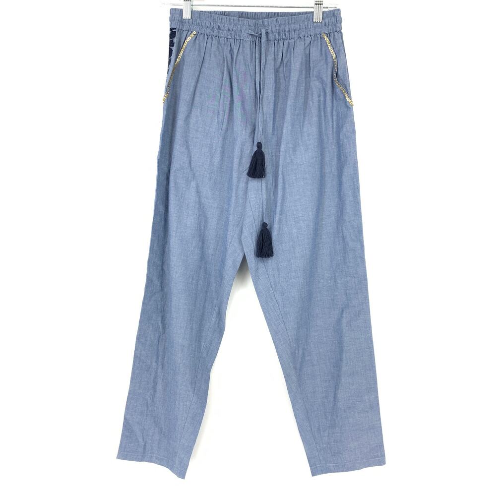 Raga Women's Size S Slim Leg Chambray Trouser Pant Tassels Embroidery Blue